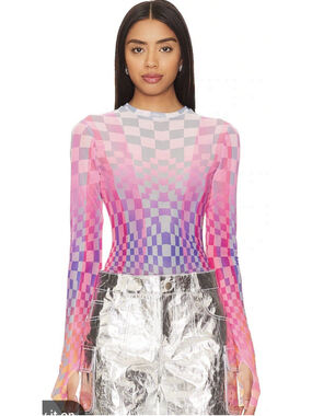 AFRM Revolve Kaylee Grid Ombre Mesh Bodysuit Pink Purple Checkerboard Top NWT L